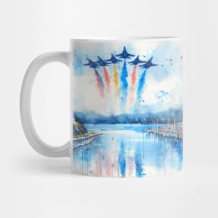 Artistic illustration of acrobatic jets flying over Mug